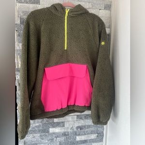 Women’s OUTERKNOWN NWOT Cozy Sherpa 1/2 Zip Fleece Hoodie-Green&Pink-Small